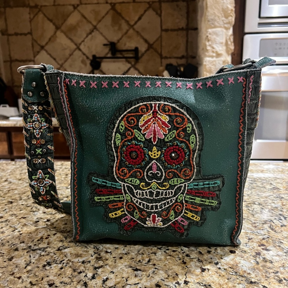 Delila Embroidered Green Skeleton Crossbody Leather Bag - Picture 2 of 11